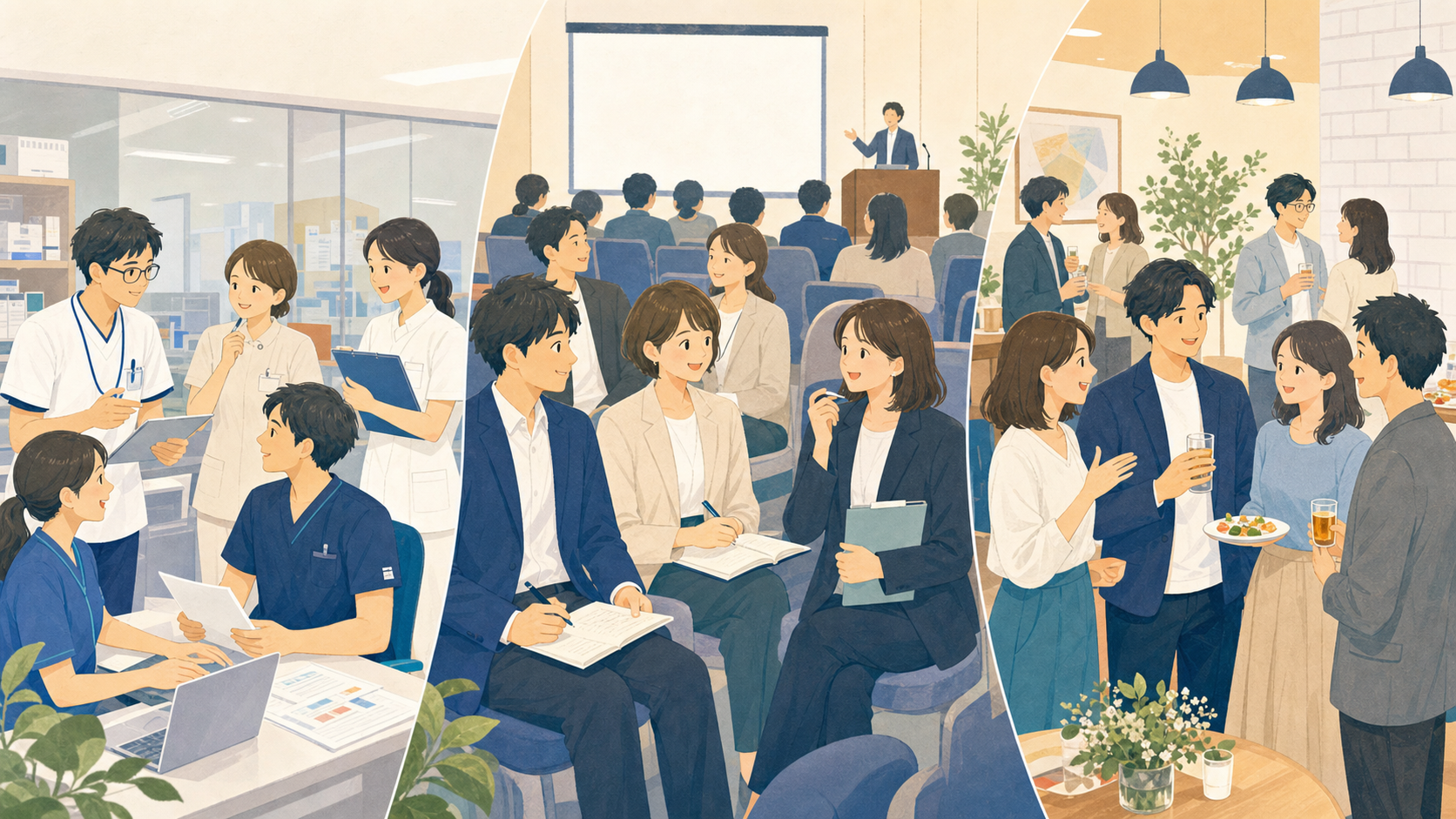 N.Proの院内交流・学会参加・メンバー交流会を表したイラスト