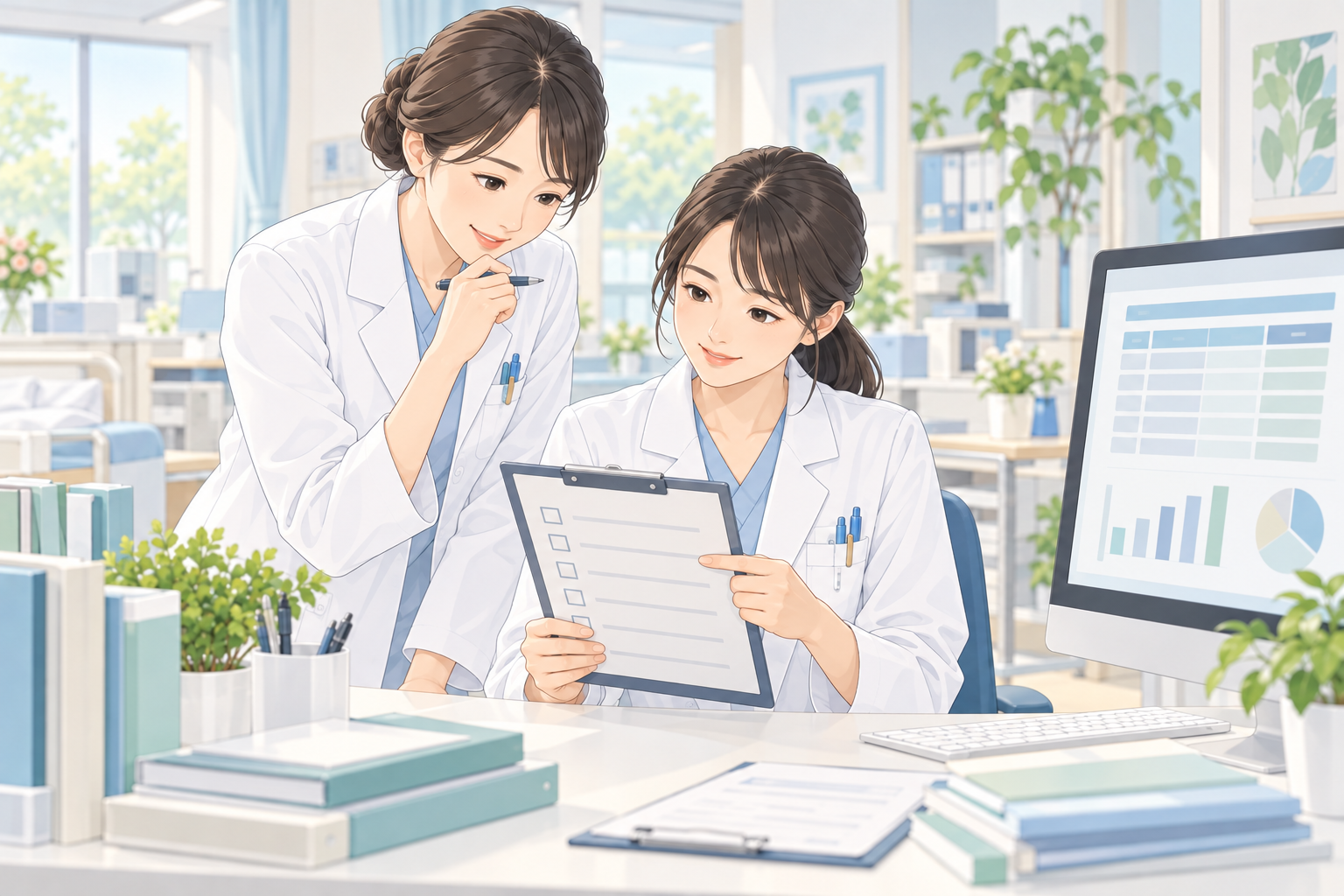 管理栄養士が算定状況と確認表を照合するイラスト