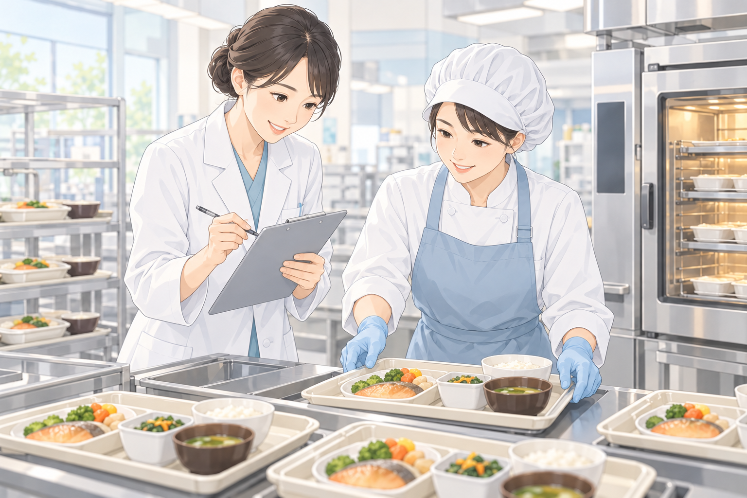 管理栄養士と調理スタッフが食事の準備手順を確認するイラスト