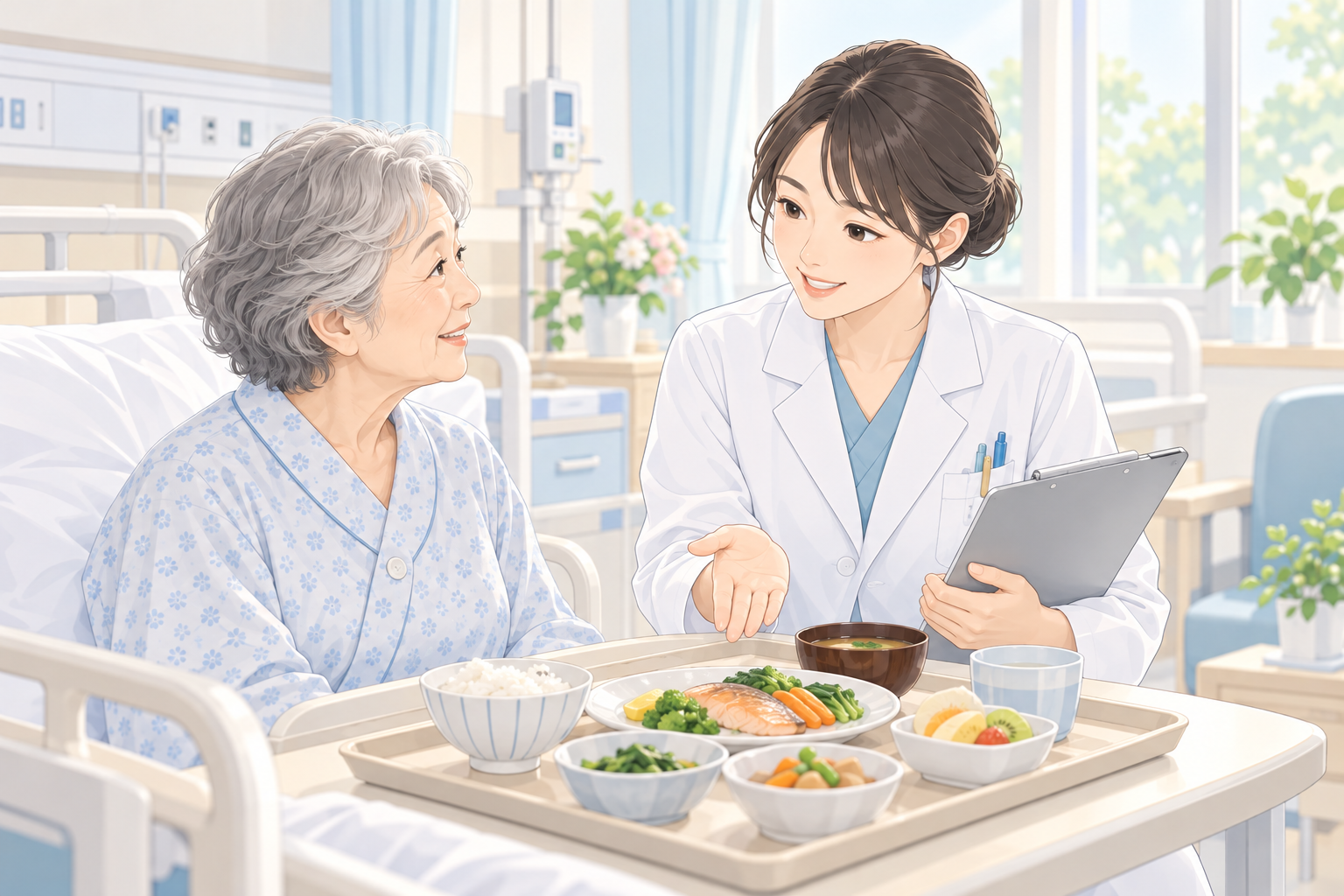 管理栄養士が病棟で患者の食事について相談するイラスト